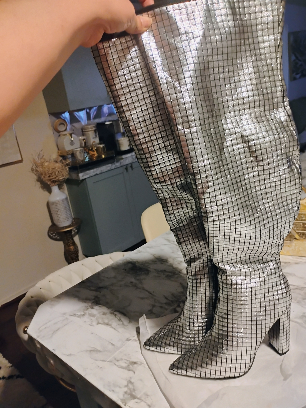 Silver Grid Knee-High Block Heel Boots - Women